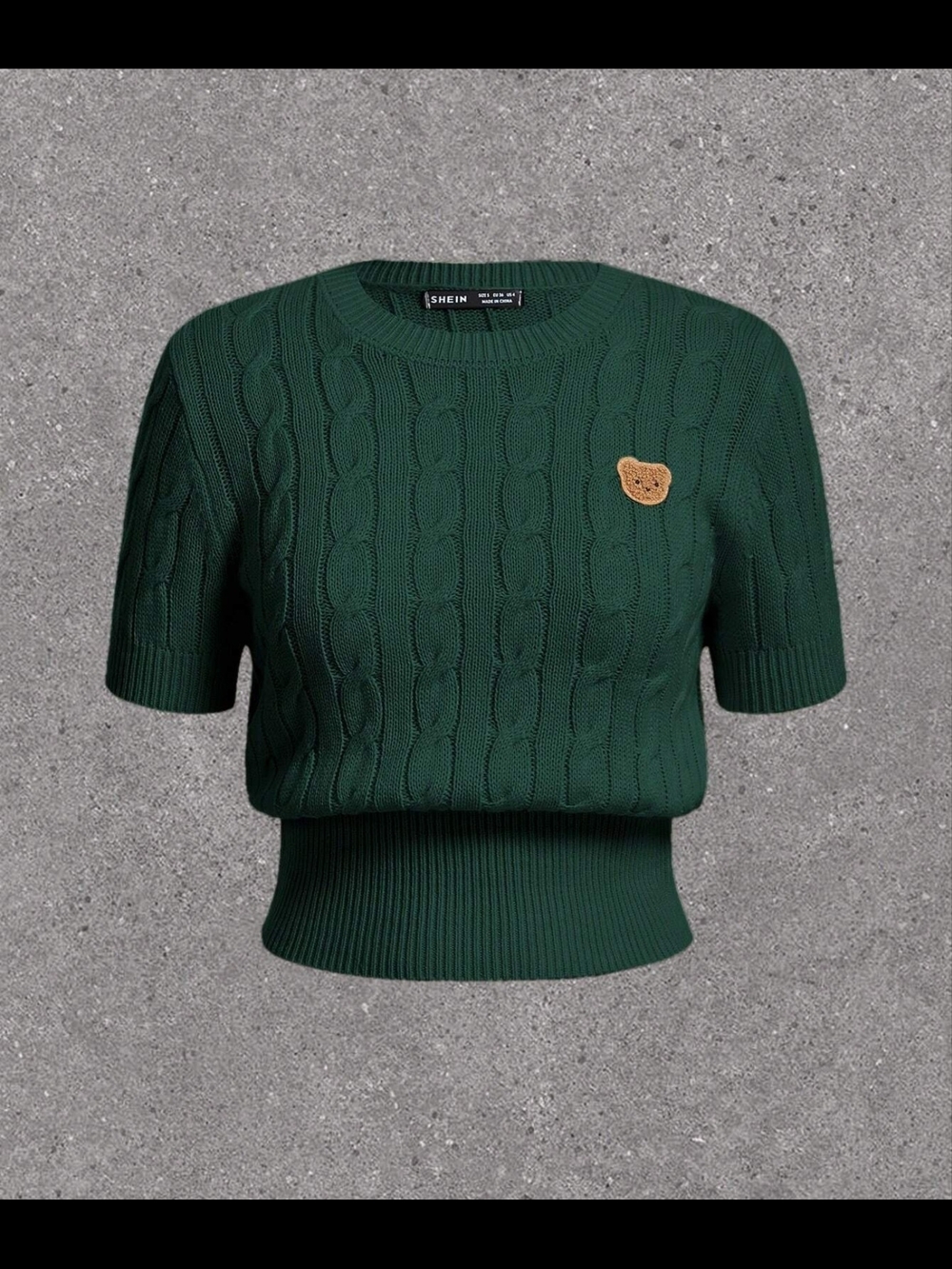 SHEIN Green Cable Knit Short Sleeve Sweater with Bear Patch